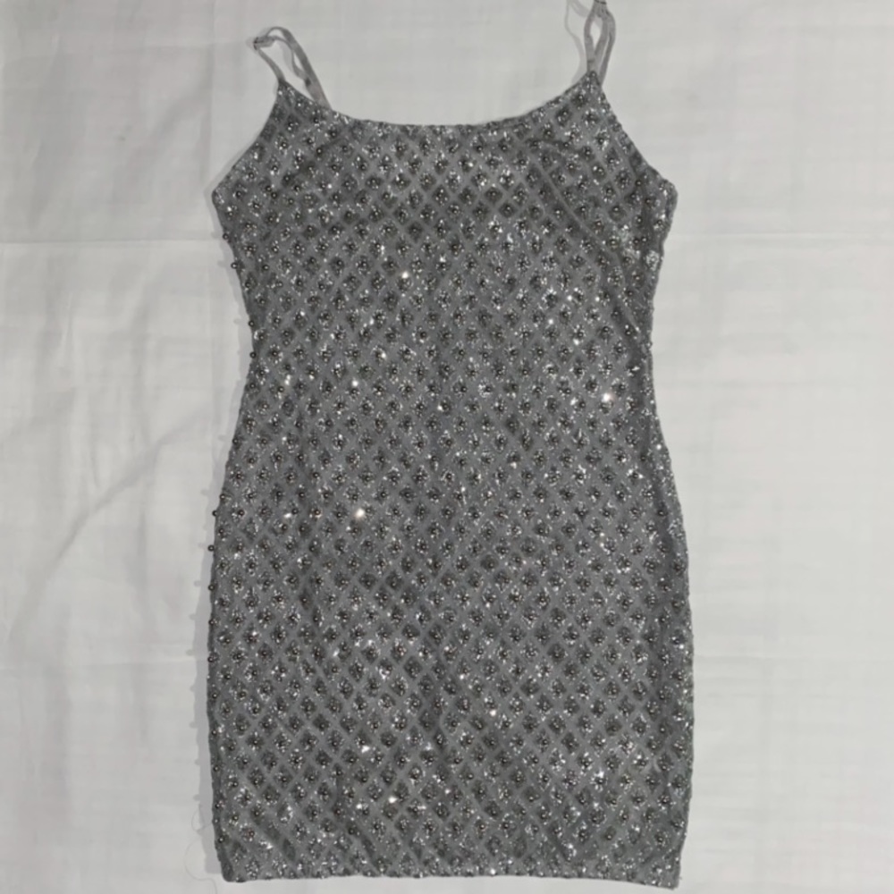 Fashion Nova Spaghetti Strap Gray & Silver Beaded Dress - Size L